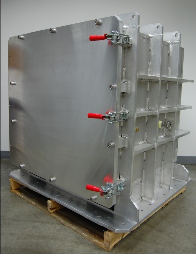 Aluminum 36" cube built to be bolted onto a shaker table in order to test products and components shipping characteristics and durability.